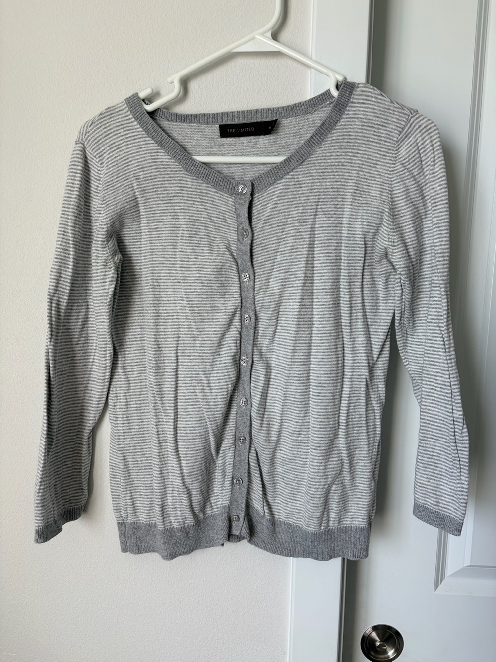 The Limited Cardigan Gray White Striped Size Medium Sweater Office Casual